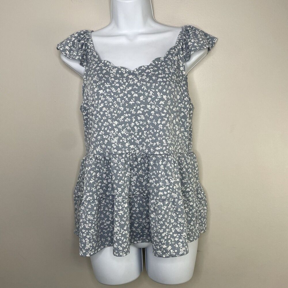 Monteau Los Angeles Top Women XL Floral Scalloped Blue Floral Print Y2K Babydoll
